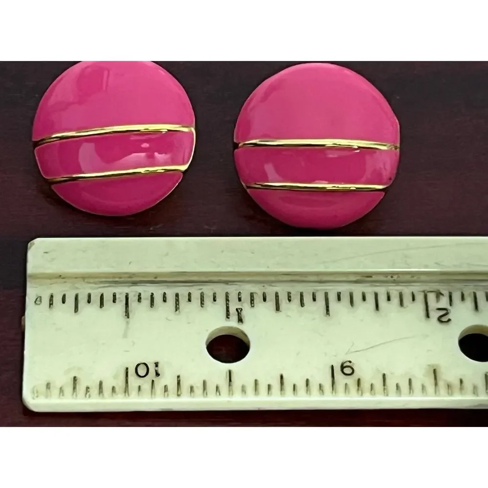 VTG Hot Pink Enamel 80s Earrings Gold Tone Round Studs Statement Barbie